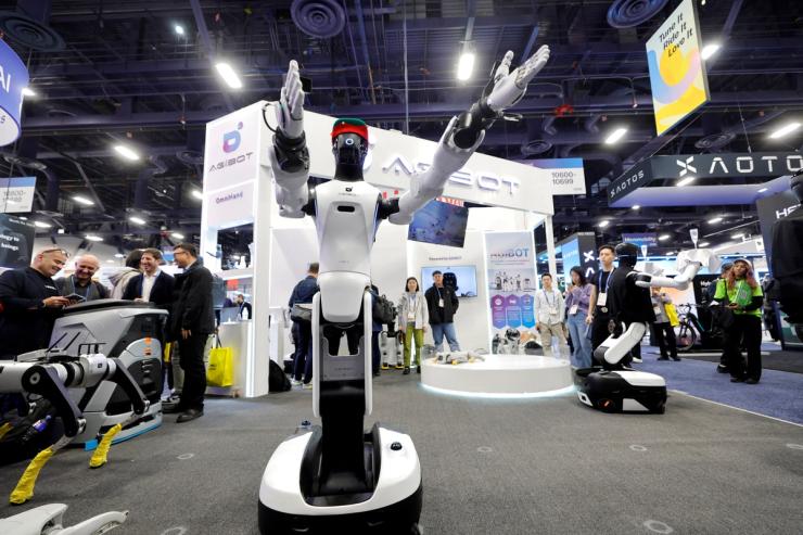 An AgiBot robot “dances” to music during CES 2026, an annual consumer electronics trade show, in Las Vegas, Nevada, US