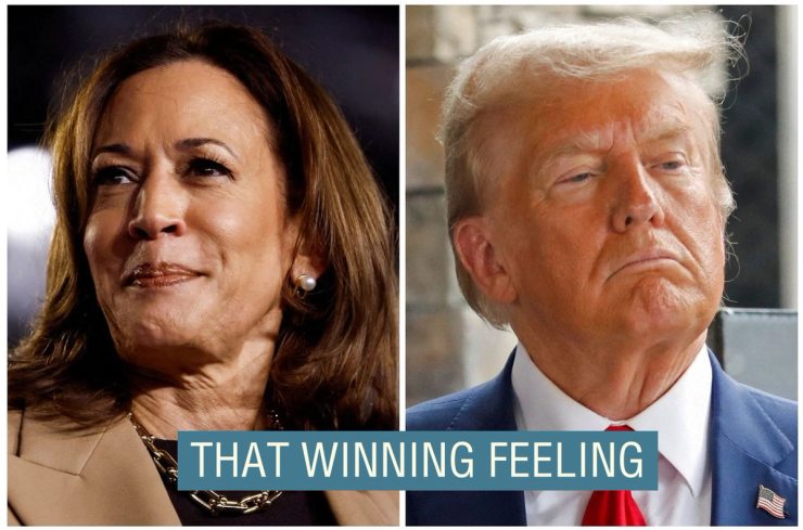 A split photo of Harris and Trump.