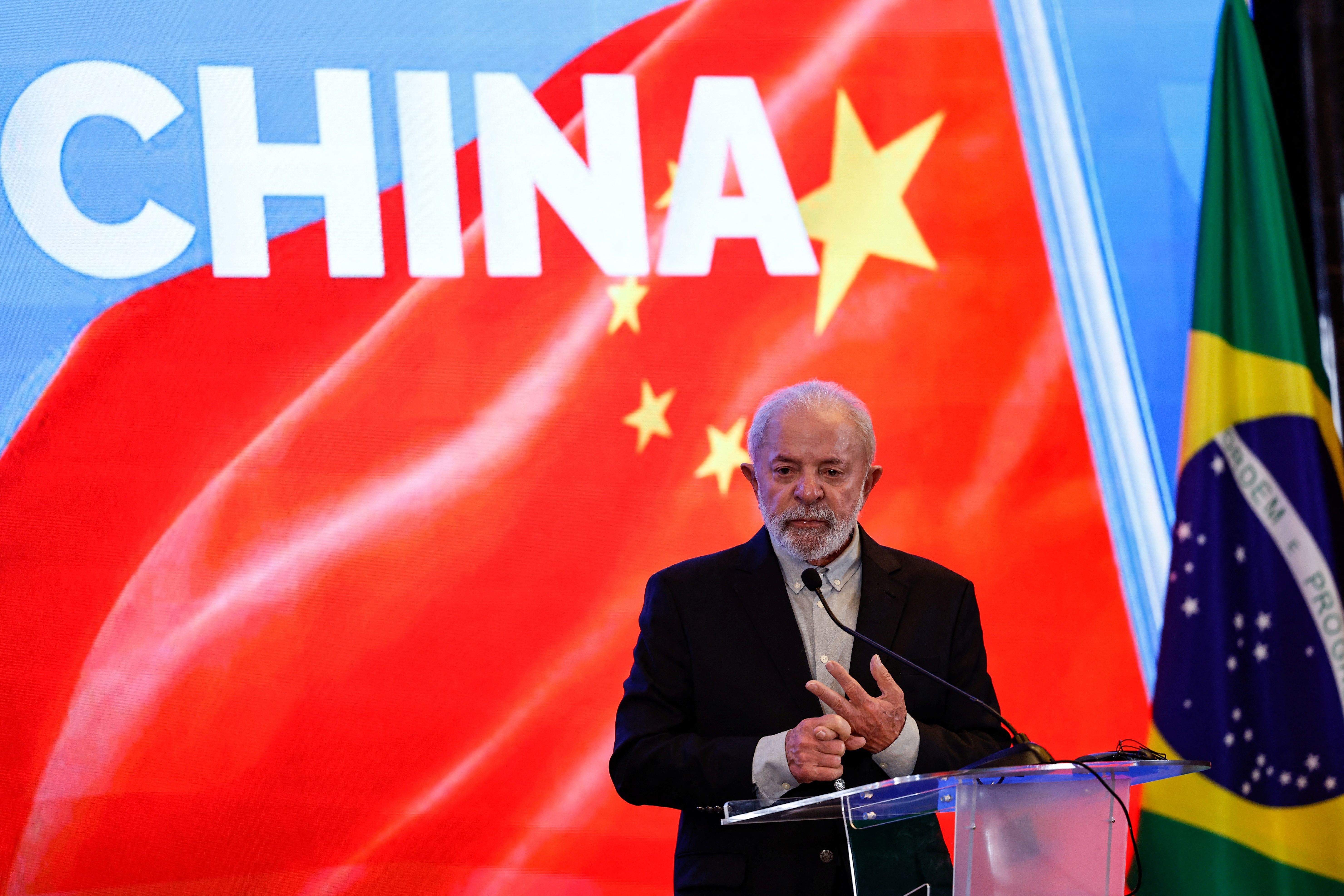 Brazil’s President Luiz Inacio Lula da Silva speaks at a press conference in Beijing, China.