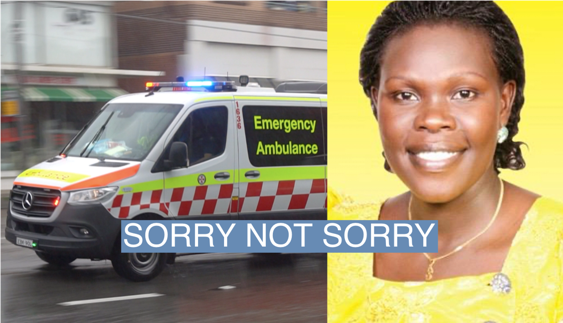 A graphic showing an ambulance and Evelyn Anite