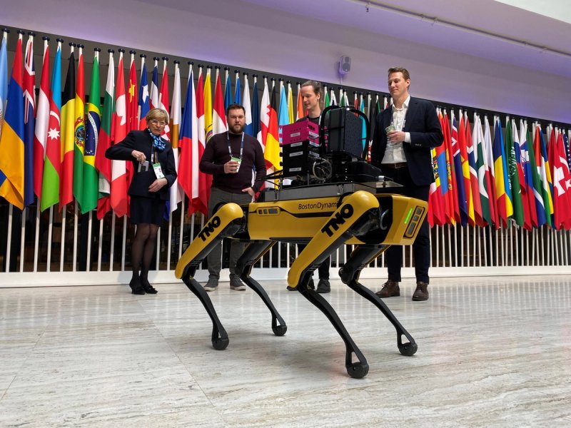 A robotic dog is shown at the Responsible Artificial Intelligence in the Military (REAIM) summit, on responsible use of military artificial intelligence, in The Hague, Netherlands, February 15, 2023.