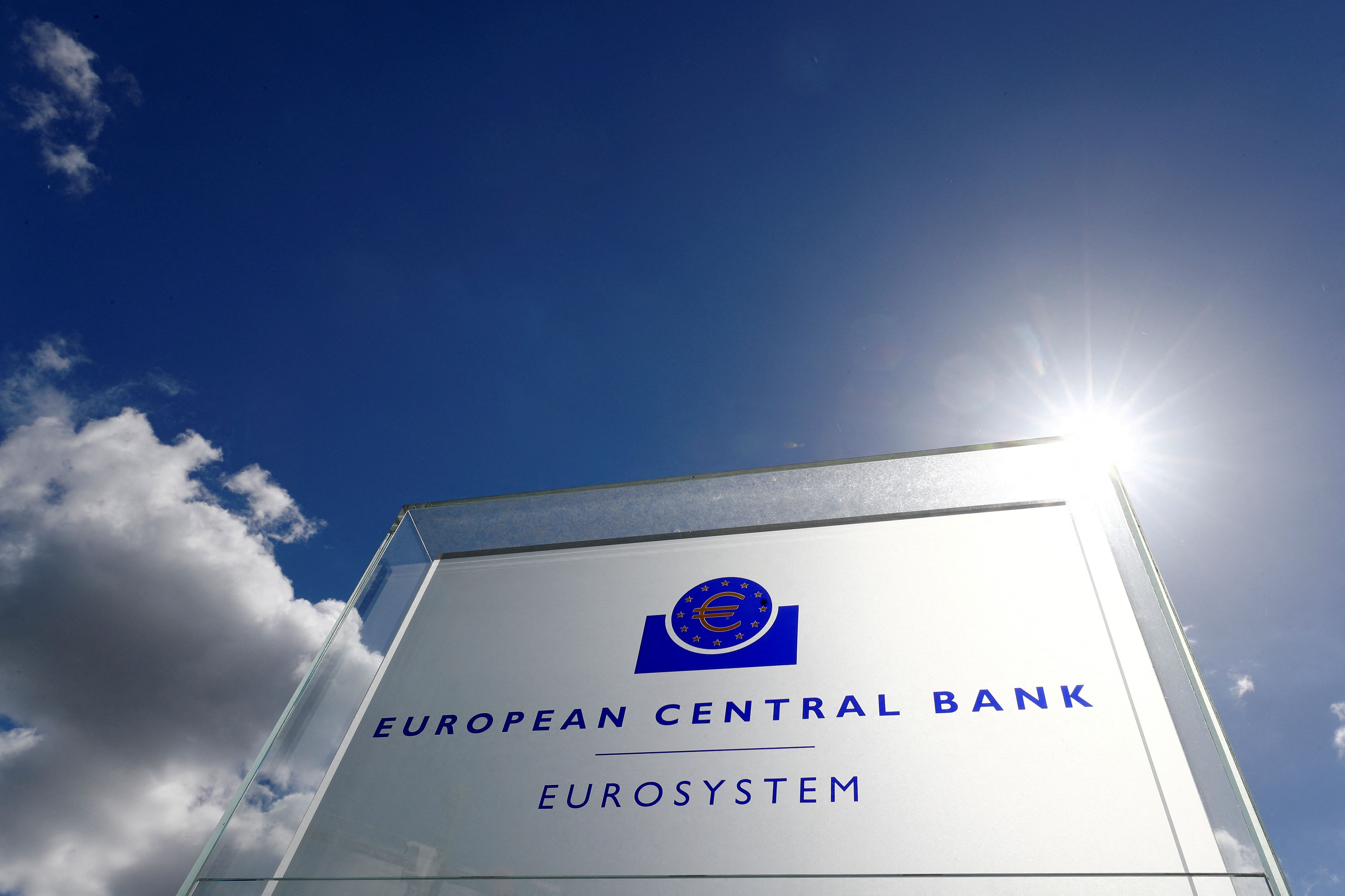 Logo of the European Central Bank outside of its headquarters. 