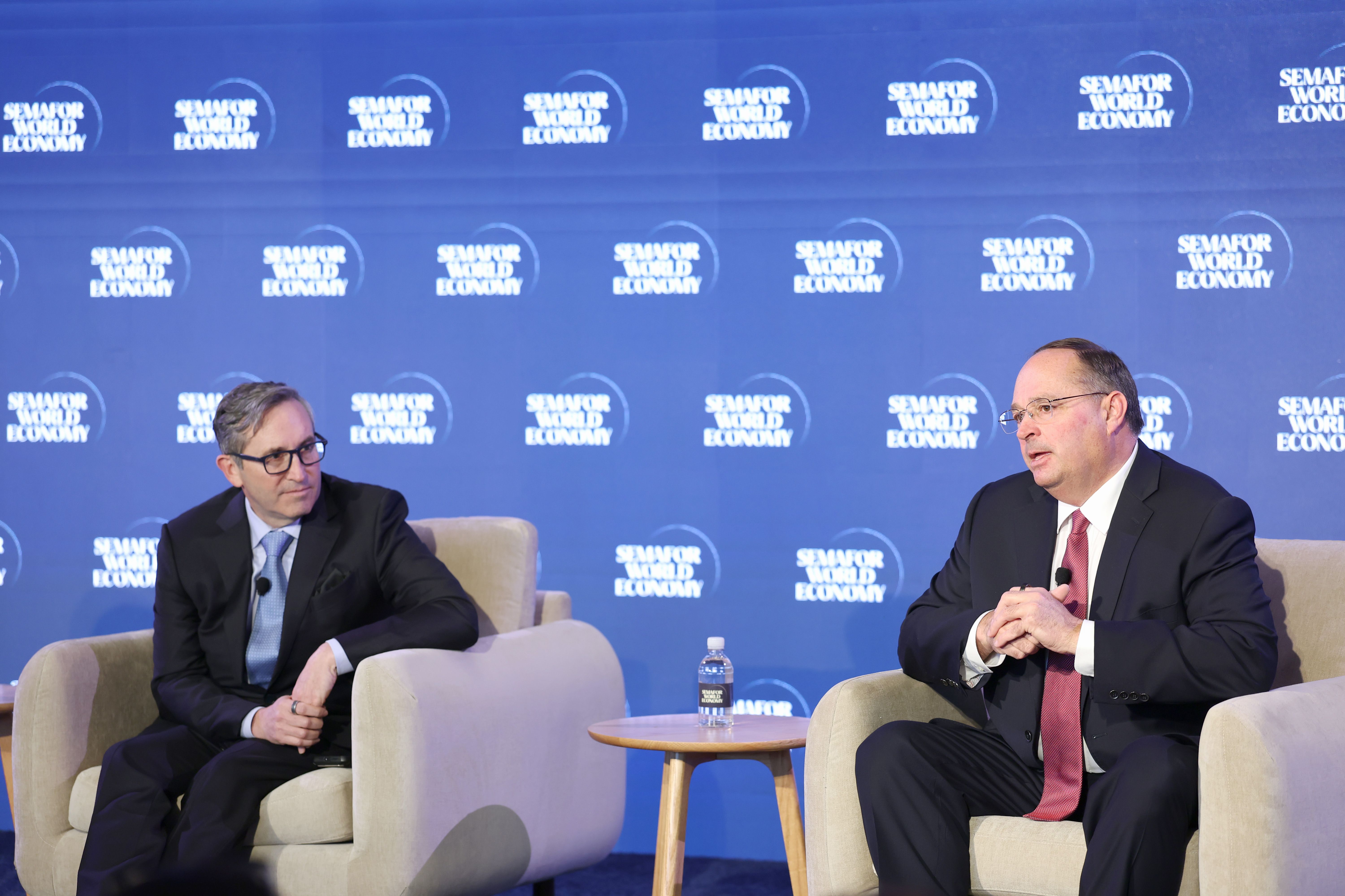 (L-R) Tom Hale (CEO - Oura) and Brooks Tingle (President & CEO - John Hancock) speak on stage during Semafor World Economy 2026 on April 15, 2026 in Washington, DC. 