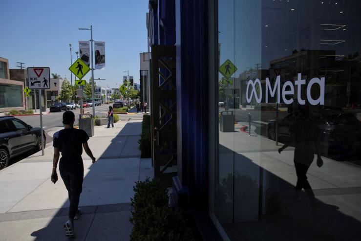 The logo of Meta at the Meta Lab in Los Angeles.