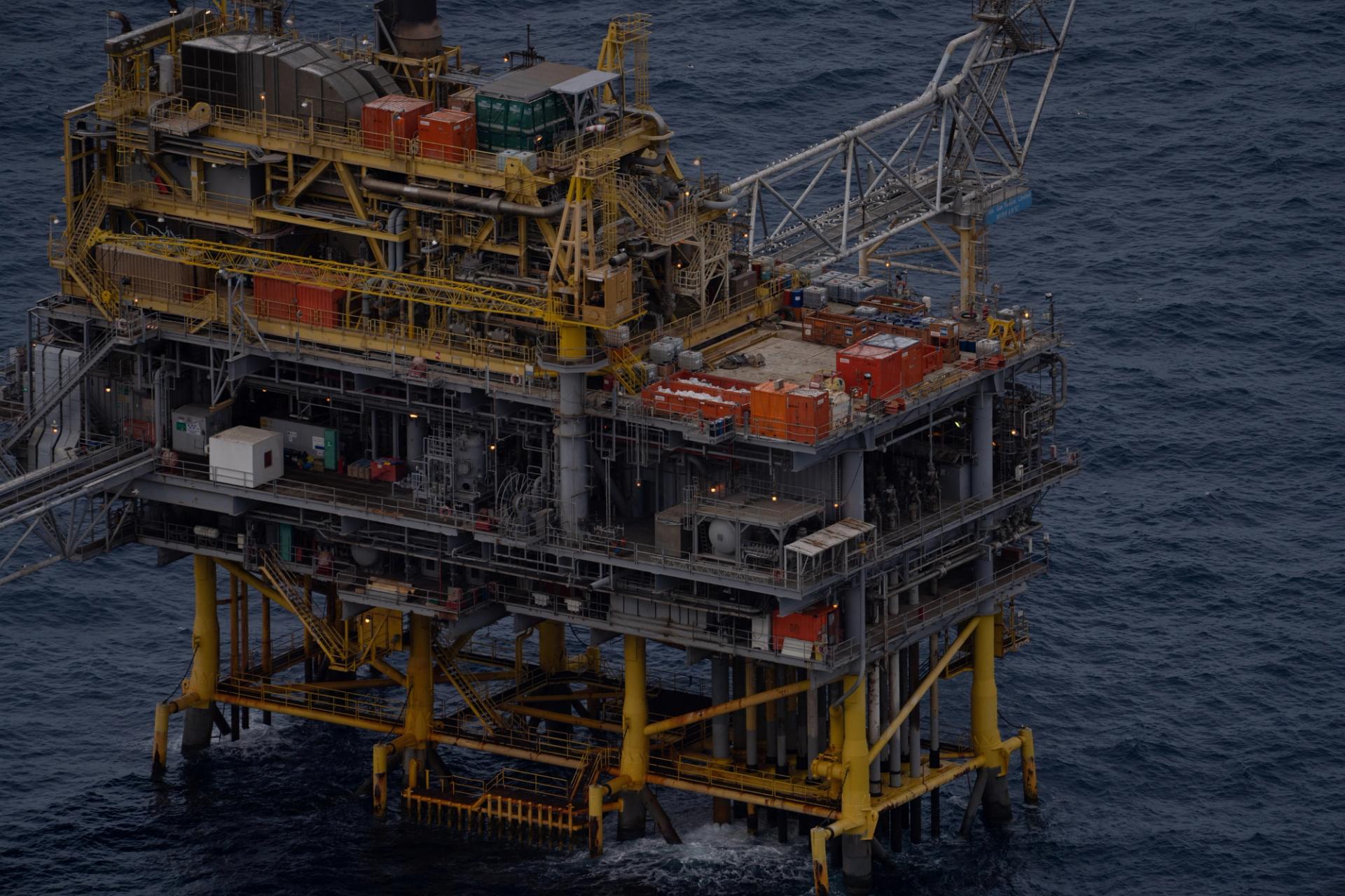 General view of an oil rig at sea off Tunisia.