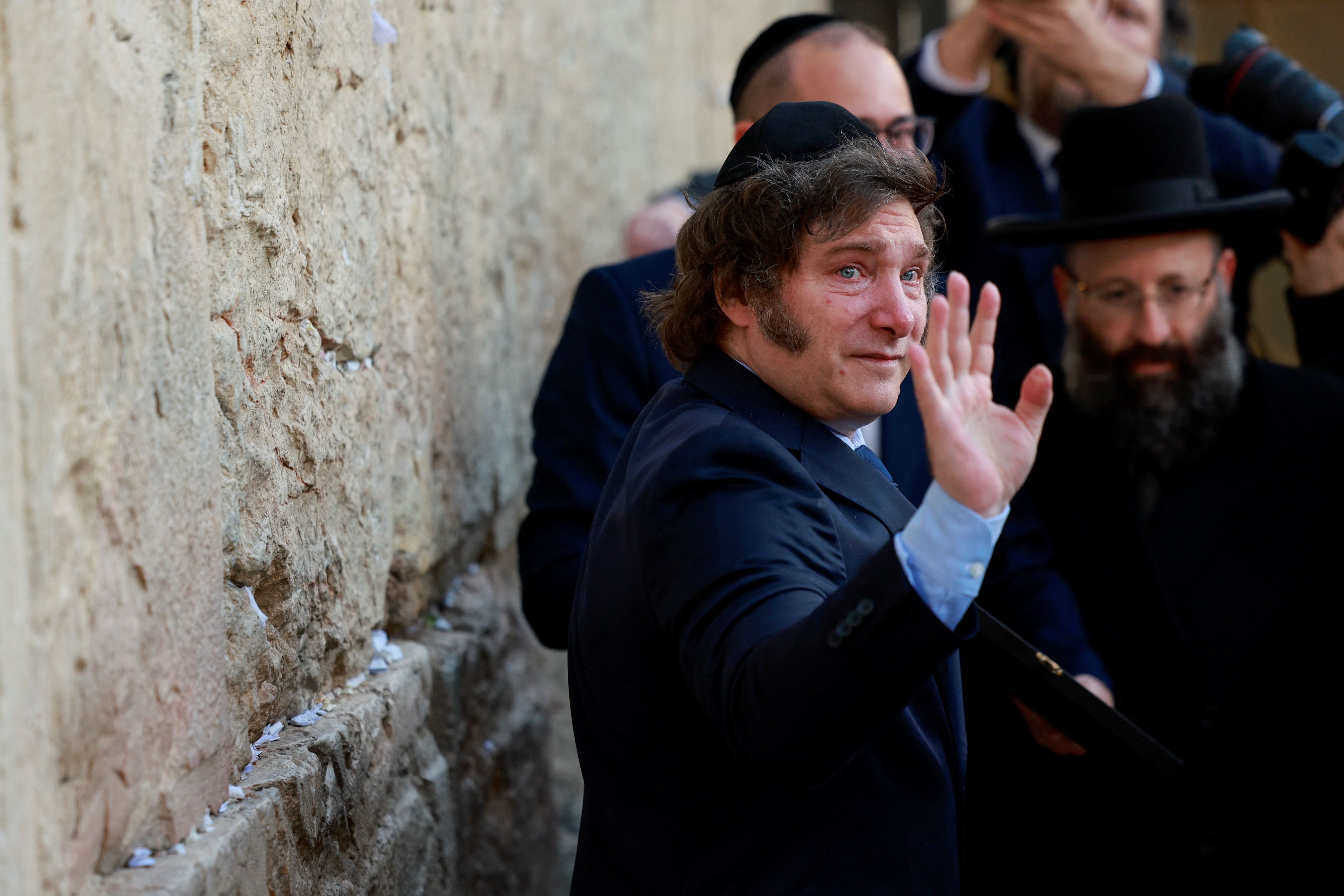 Argentina’s President Javier Milei visits the Western Wall, Judaism’s holiest prayer site during his tour in Jerusalem’s Old City, February 6, 2024 REUTERS/Ammar Awad