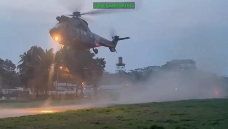 A helicopter takes off from an unknown location in this still image from a video released on March 3, 2026, by U.S. Southern Command.