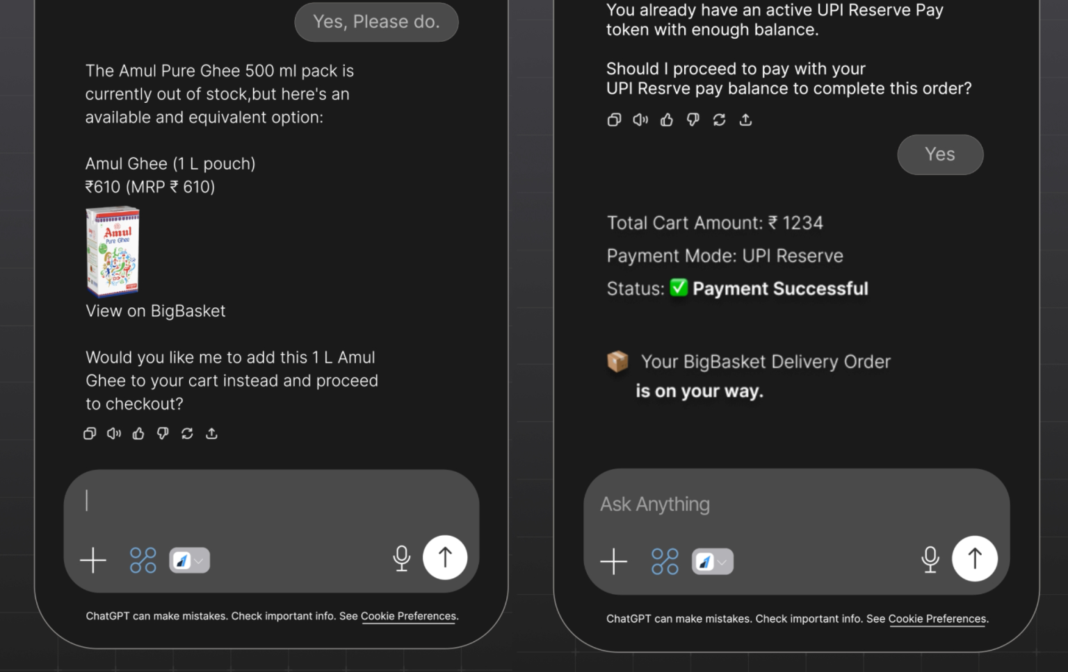A screenshot of how the online payment on a chatbot will work.