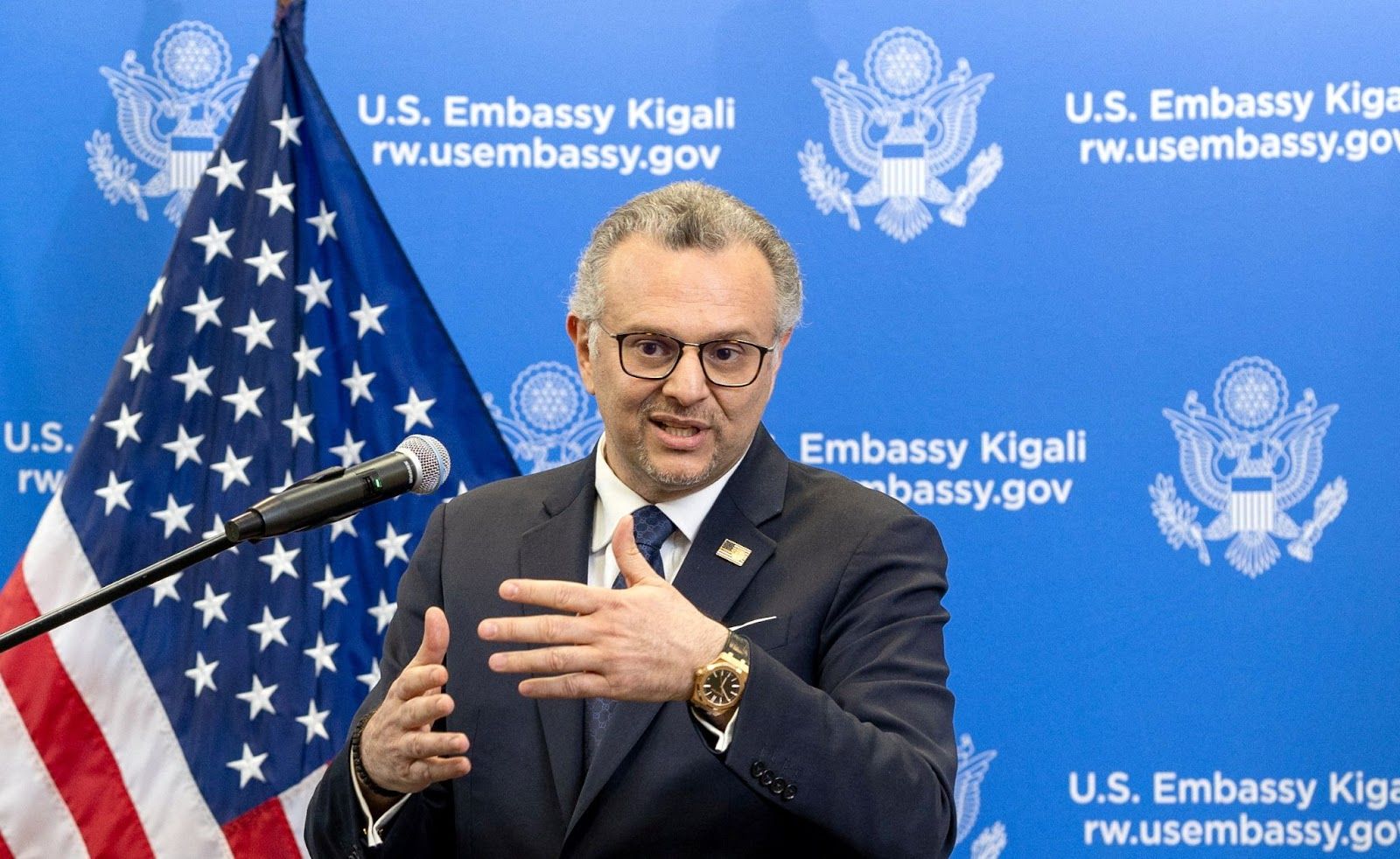 US President Donald Trump’s Senior Advisor for Africa Massad Boulos addresses a press conference at the US Embassy in Kigali, Rwanda on April 8, 2025. US President Donald Trump’s Senior Advisor for Africa Massad Boulos. Jean Bizimana/Reuters.