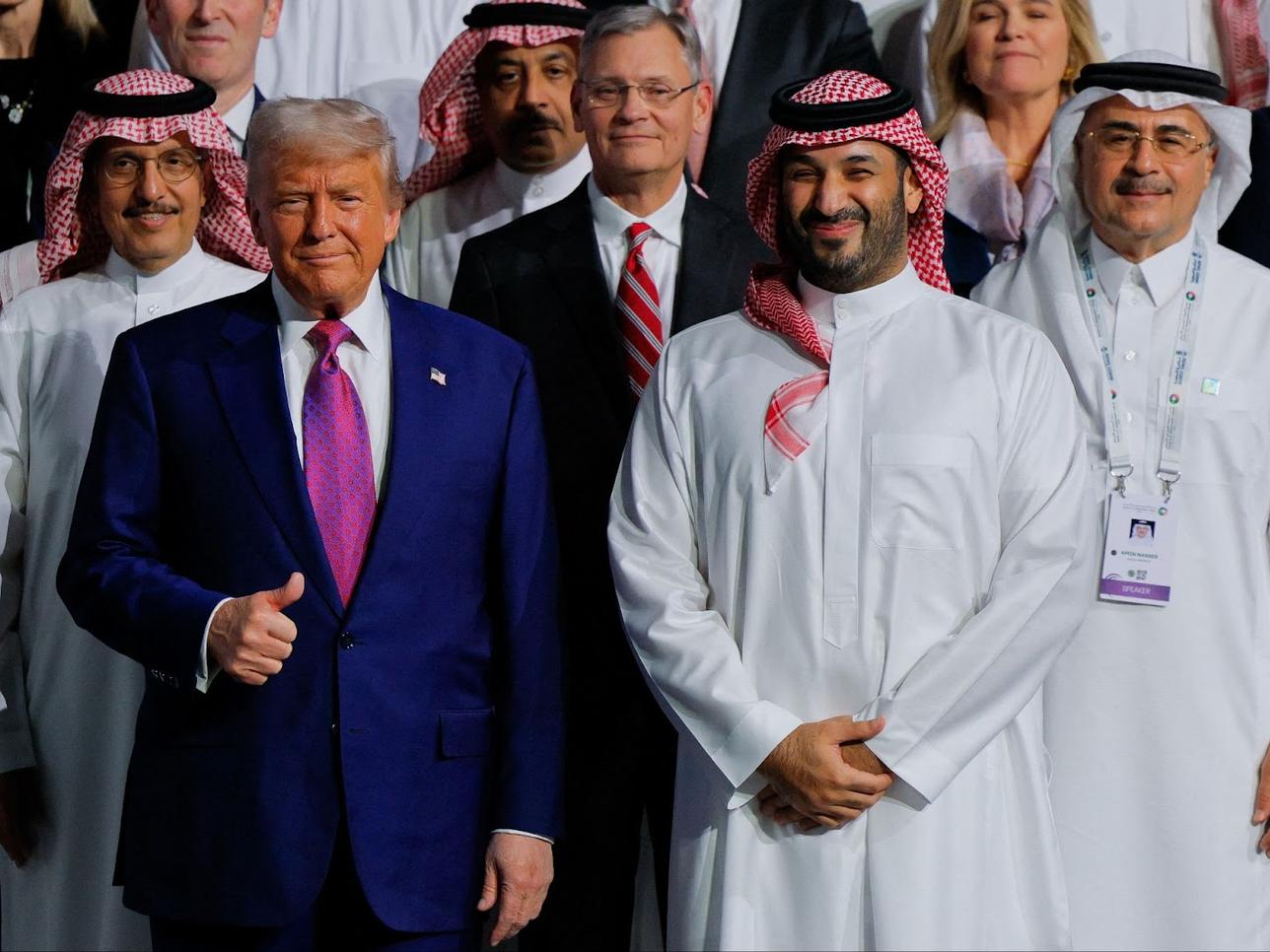 President Donald Trump and Saudi Crown Prince Mohammed Bin Salman pose for a group photo during the Saudi-U.S. Investment Forum, in Riyadh, Saudi Arabia