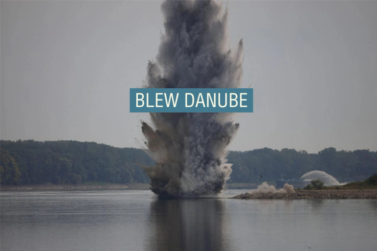 Romanian Navy blasts rocks in controlled explosions on the Danube.