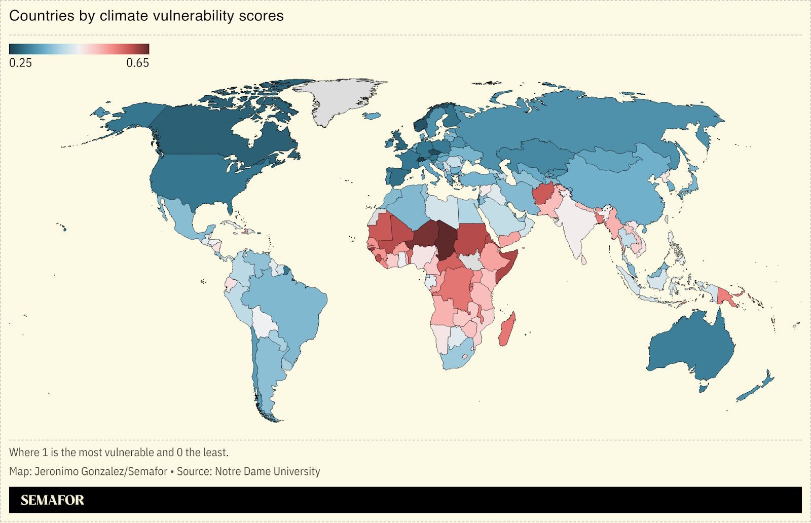 A map showing global climate vulnerability scores. 
