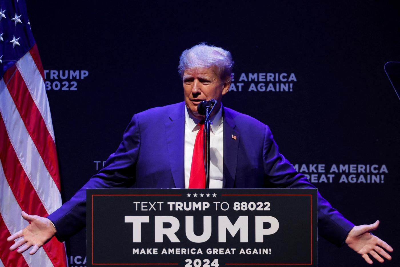Former U.S. President Donald Trump delivers remarks in Davenport, Iowa, U.S. March 13, 2023.