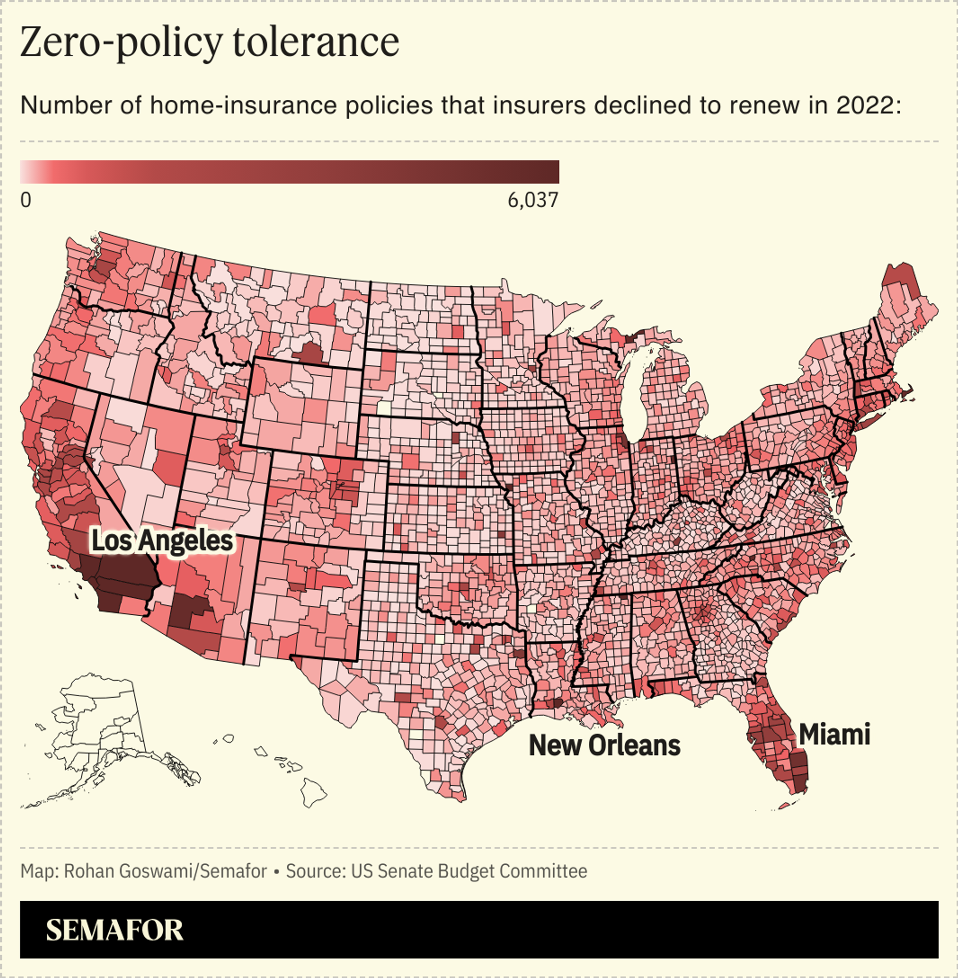 A cloropleth map of the United States showing the percent of home-insurance policies that insurers declined to renew in 2022, with a majority being in and near Los Angeles.