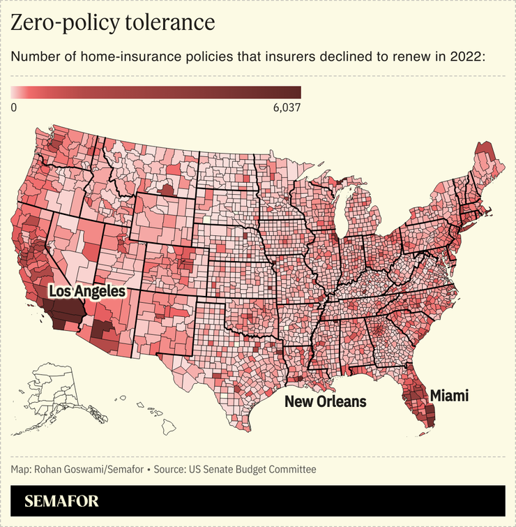 A cloropleth map of the United States showing the percent of home-insurance policies that insurers declined to renew in 2022, with a majority being in and near Los Angeles.
