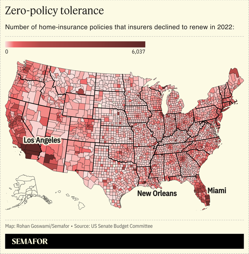 A cloropleth map of the United States showing the percent of home-insurance policies that insurers declined to renew in 2022, with a majority being in and near Los Angeles.