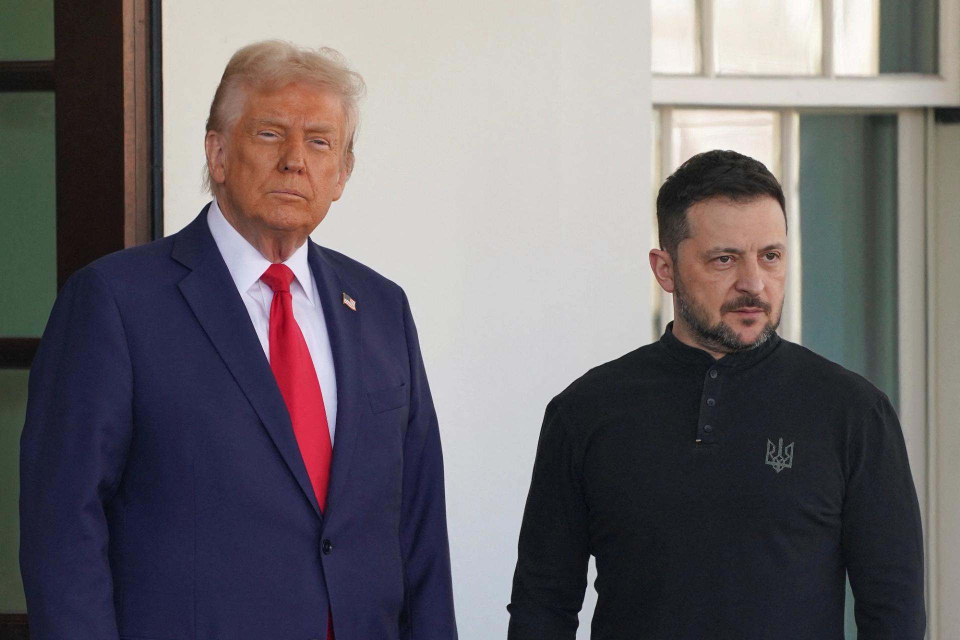 U.S. President Donald Trump and Ukrainian President Volodymyr Zelenskiy look on on the day of a meeting at the White House in Washington, D.C., U.S., February 28, 2025.