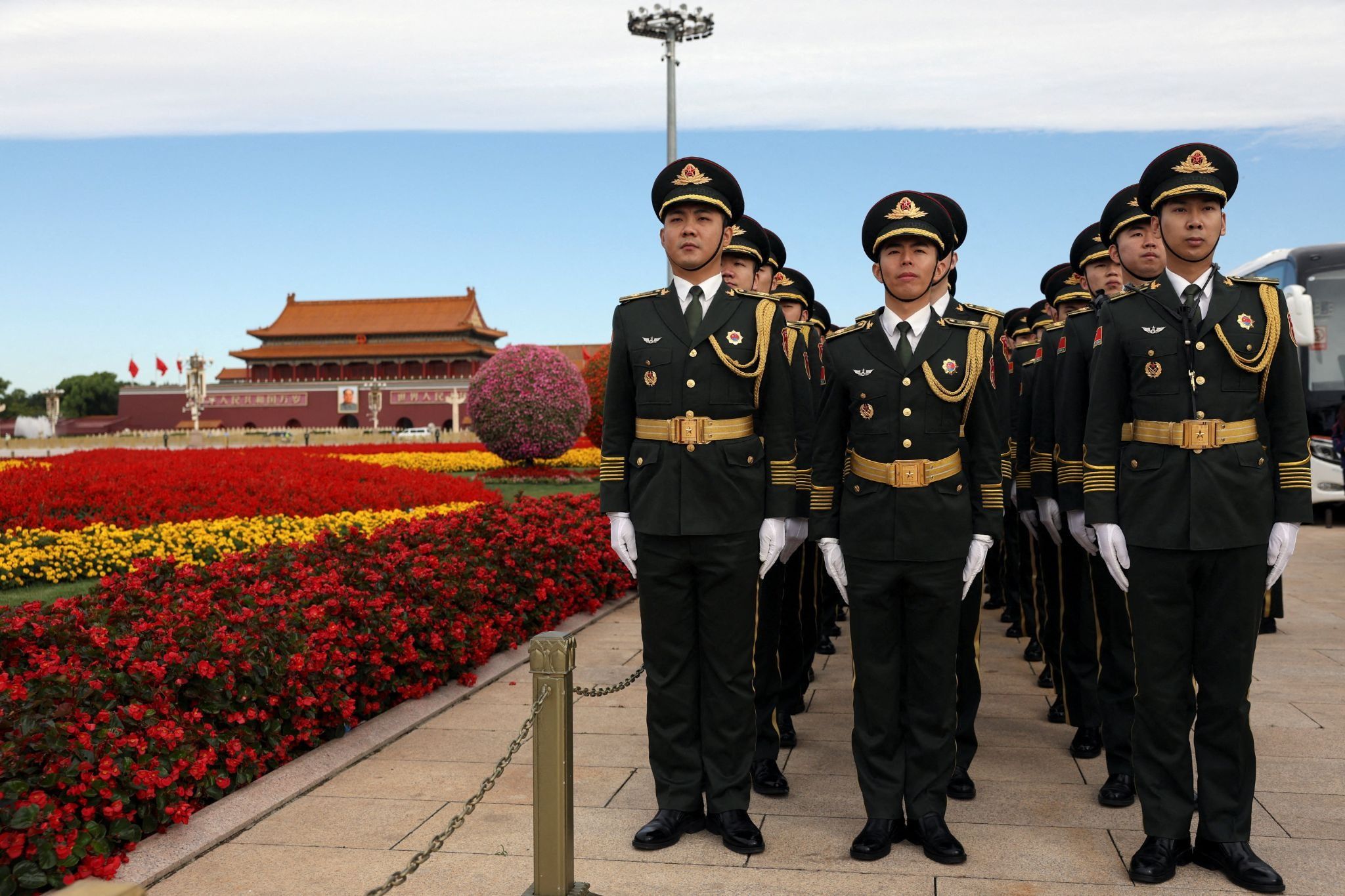 China’s military band members stand in formation on Tiananmen Square.