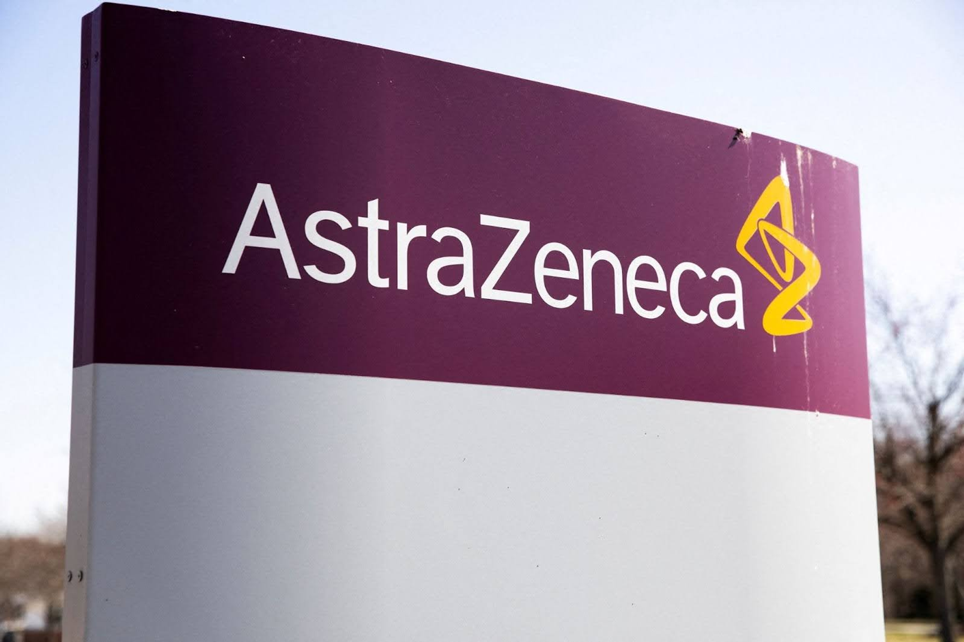 The AstraZeneca logo on a sign outside its headquarters.