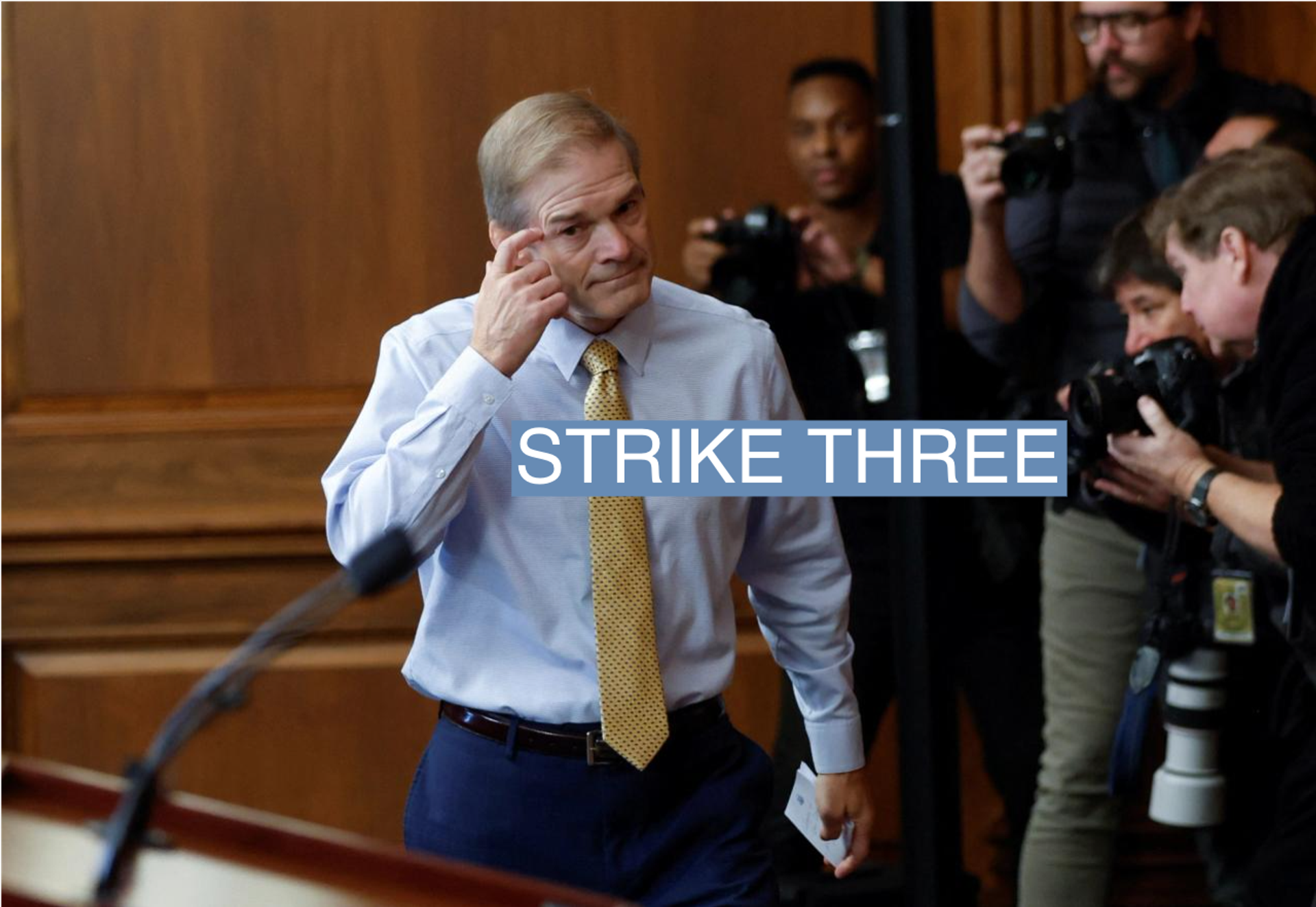 U.S. Rep. Jim Jordan arrives to hold an early morning press conference about his continuing bid to become the next Speaker of the House of Representatives.