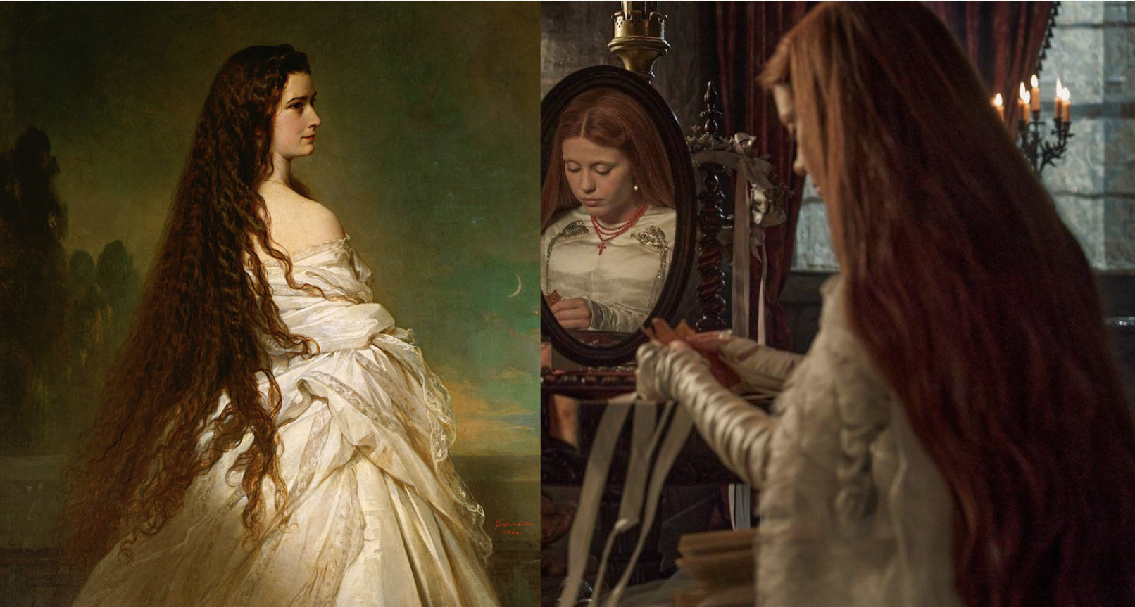 Franz Xaver Winterhalter, “Empress Elisabeth of Austria” (1865). Mia Goth in Netflix’s “Frankenstein”