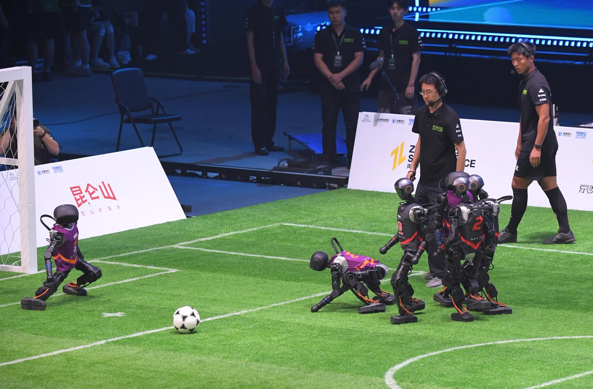 Booster T1’s humanoid robot football players compete in the inaugural domestic 3v3 AI-powered robot football match.