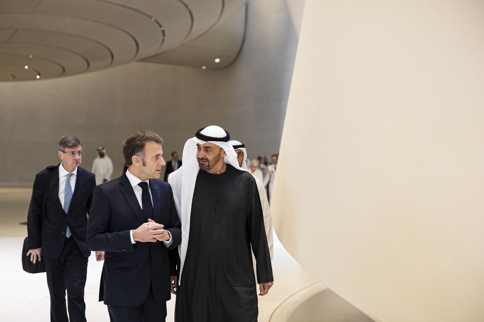 UAE President Sheikh Mohamed bin Zayed with French President Emmanuel Macron at the Zayed National Museum in Abu Dhabi.