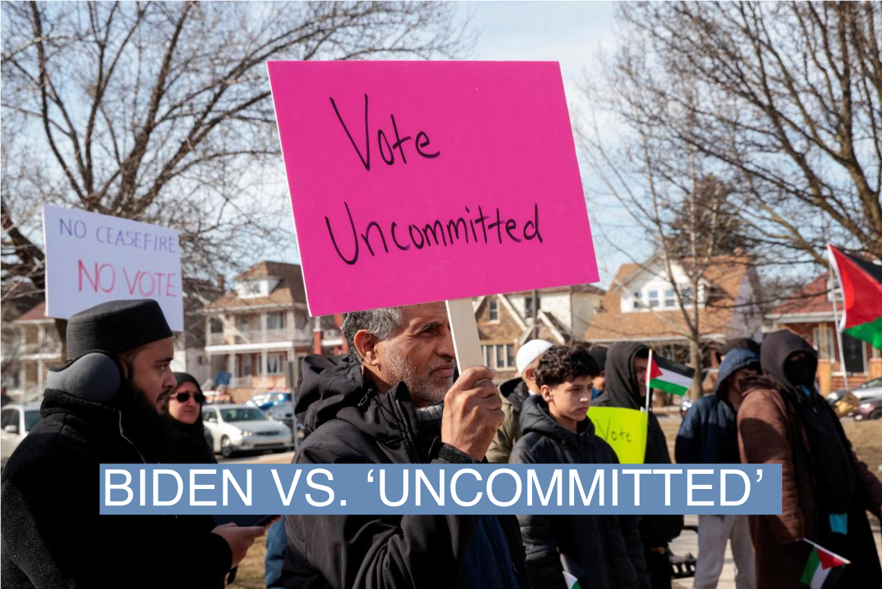 Supporters of the campaign to vote “uncommitted” hold a rally in support of Palestinians in Gaza, ahead of Michigan’s Democratic presidential primary election in Hamtramck, Mich., on Feb. 25, 2024.