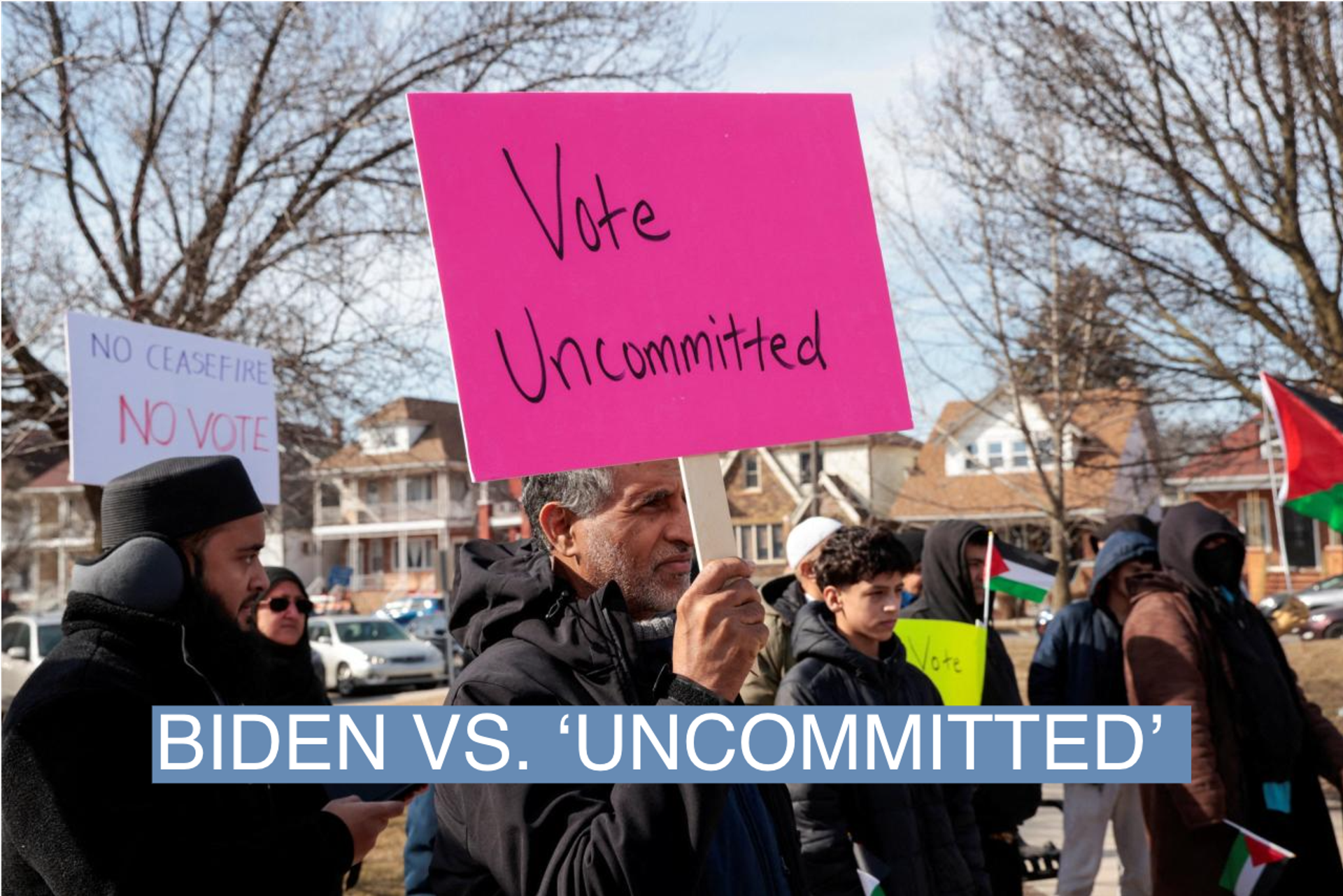 Supporters of the campaign to vote “uncommitted" hold a rally in support of Palestinians in Gaza, ahead of Michigan's Democratic presidential primary election in Hamtramck, Mich., on Feb. 25, 2024.