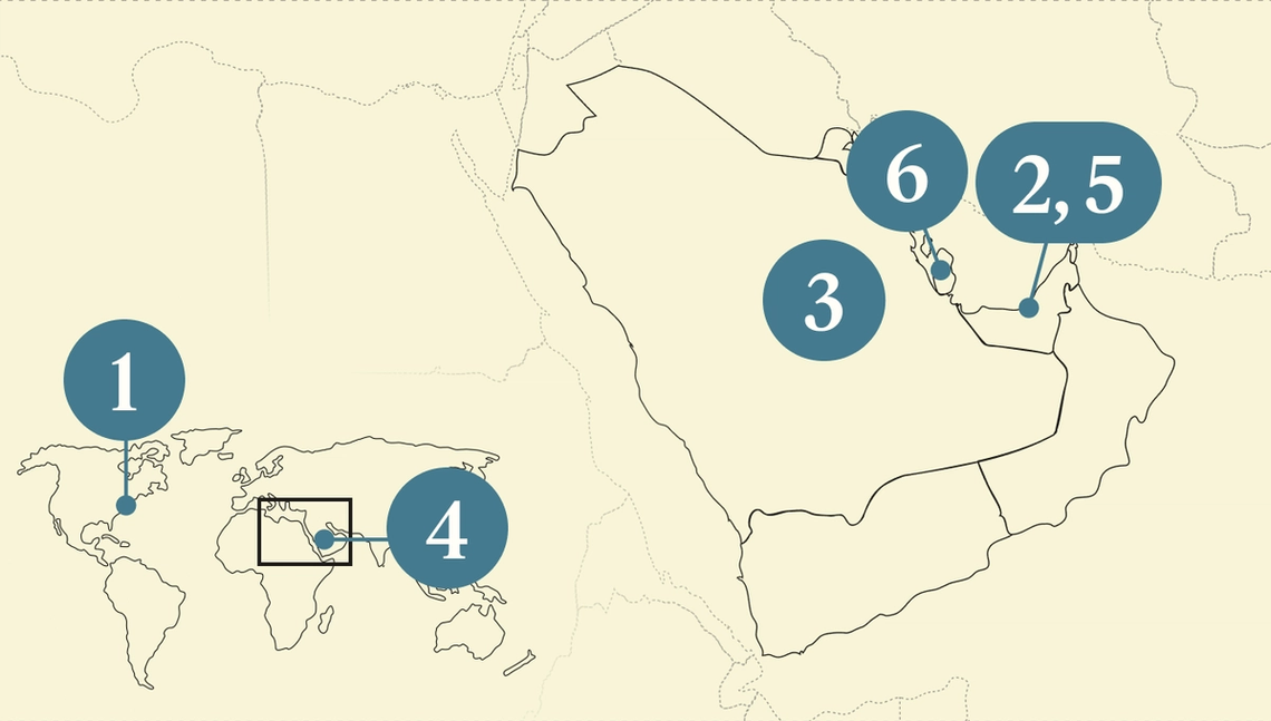 A numbered map of the Gulf region.