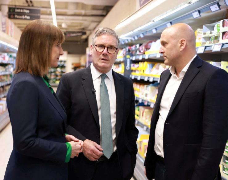 Britain’s Prime Minister Keir Starmer, Chancellor of the Exchequer Rachel Reeves, and Lidl GB CEO Ryan McDonnell.