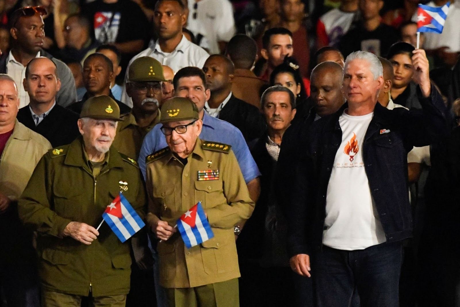 Former Cuban leader Raúl Castro, center, and Cuban President Miguel Díaz-Canel, right.