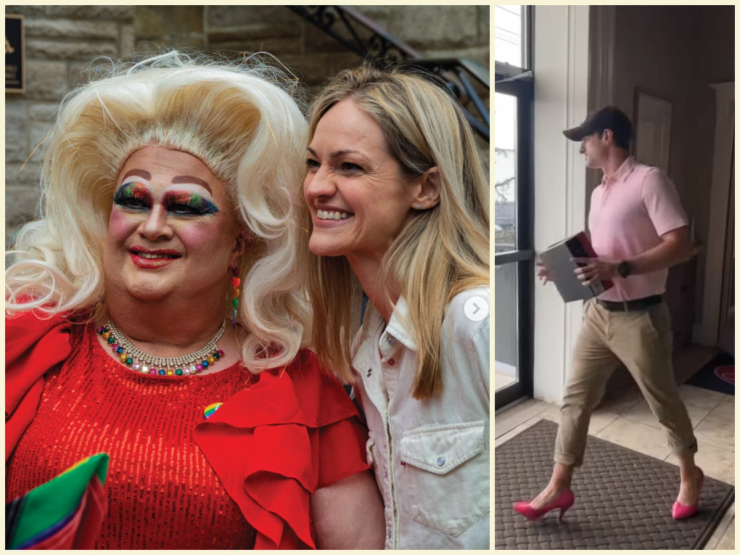 Paige Cognetti and a drag performer; Rob Bresnahan in heels