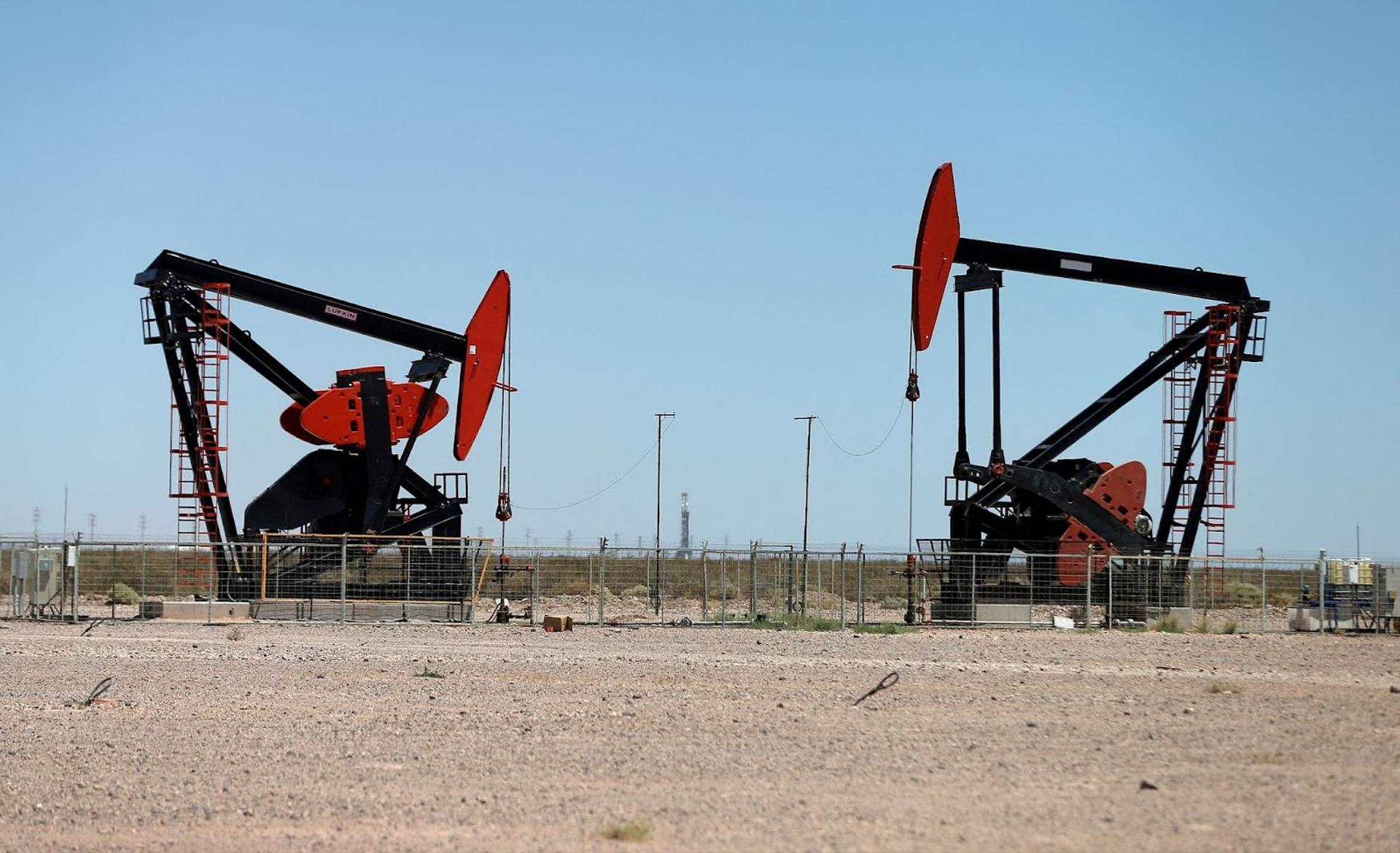 Two stopped oil rigs. 