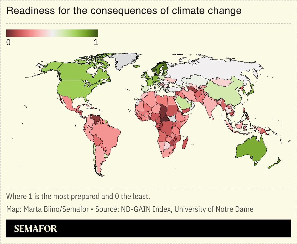 A map showing countries’ readiness for consequences of climate change.