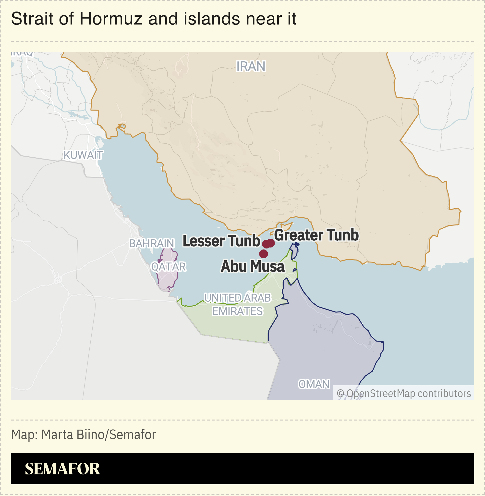 A map of the Strait of Hormuz.
