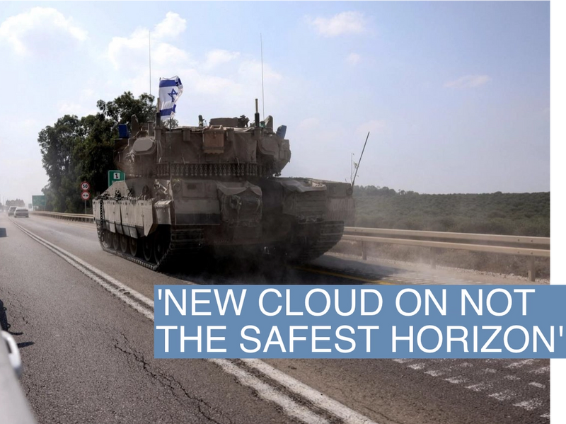 An Israeli tank drives on a road following a mass infiltration by Hamas gunmen from the Gaza Strip, near Sderot in southern Israel October 8, 2023. REUTERS/Ronen Zvulun