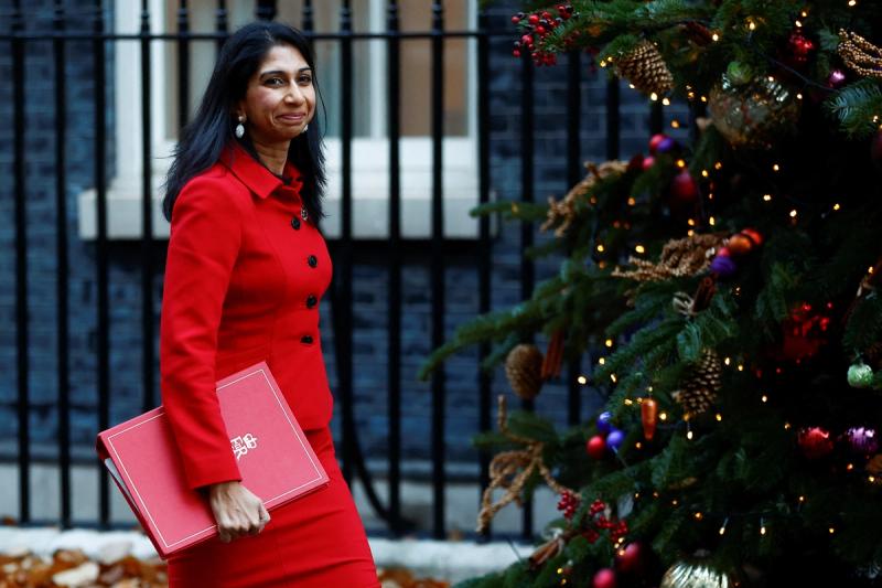 British Home Secretary Suella Braverman walks outside Downing Street in London, Britain December 6, 2022.