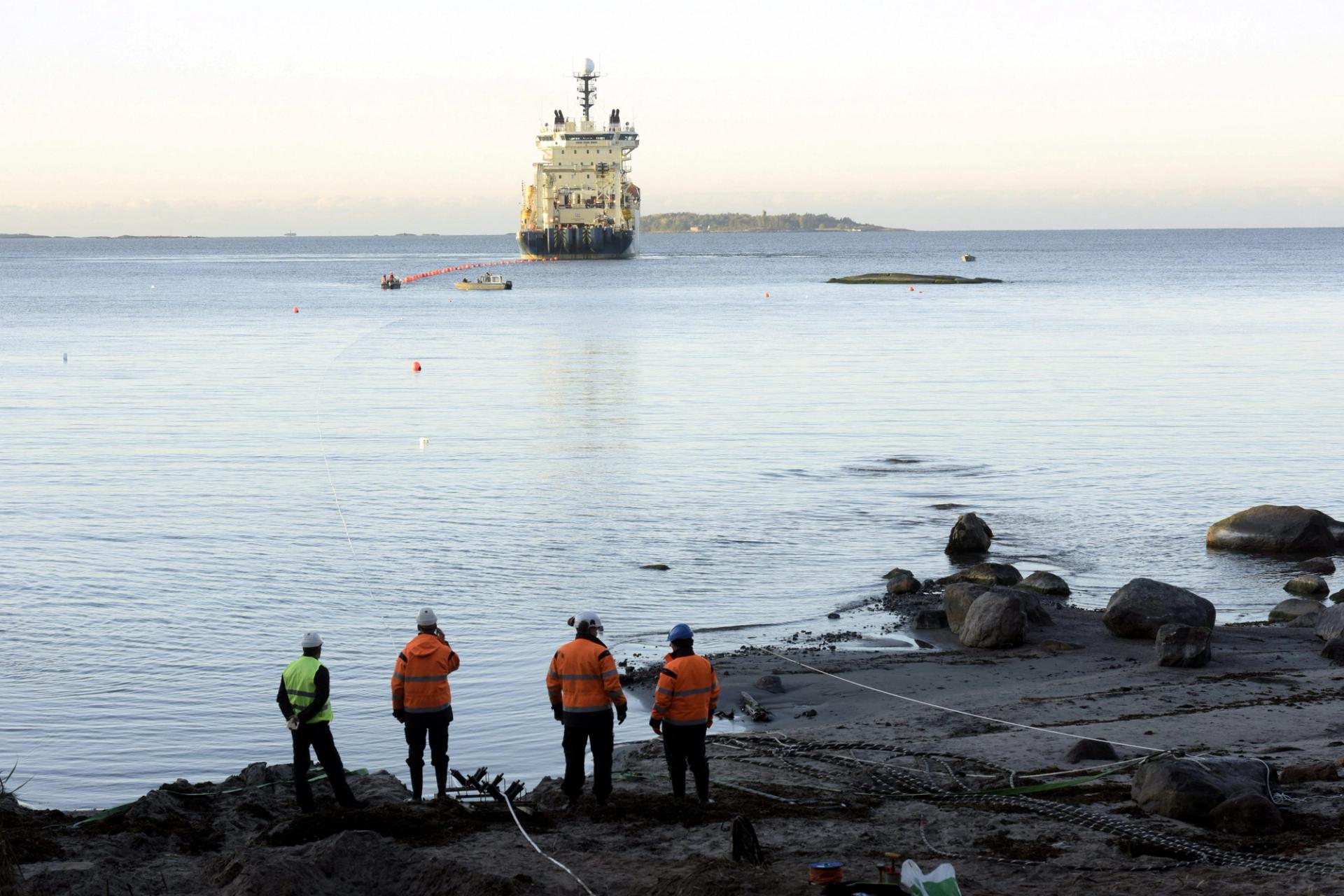 The C-Lion1 submarine telecommunications cable is being laid to the bottom of the Baltic Sea by cable ship Ile de Brehat on the shore of Helsinki, Finland on October 12, 2015.