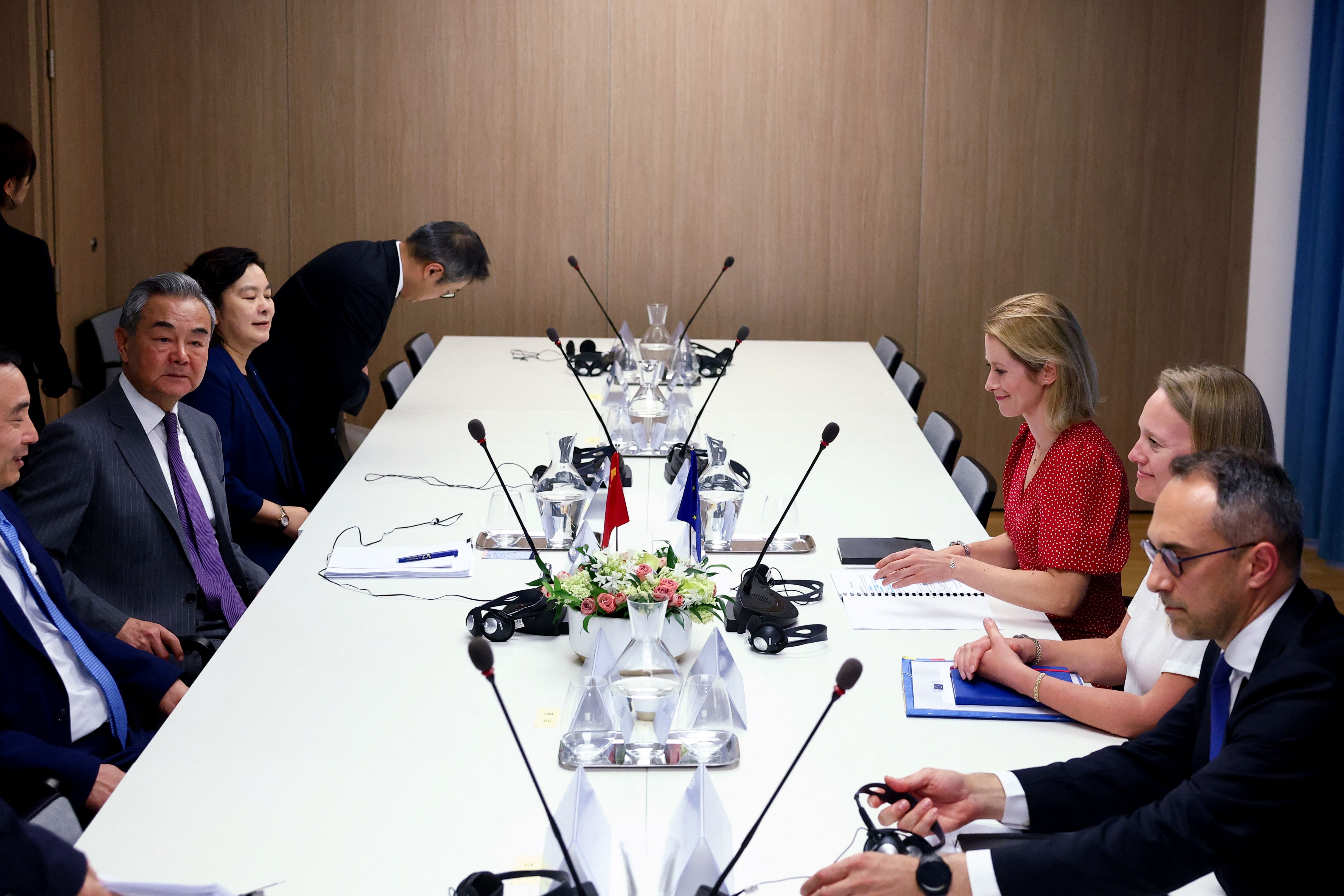 Chinese Foreign Minister Wang Yi meets with EU High Representative for Foreign Affairs and Security Policy and Vice-President of the European Commission Kaja Kallas in Brussels, Belgium July