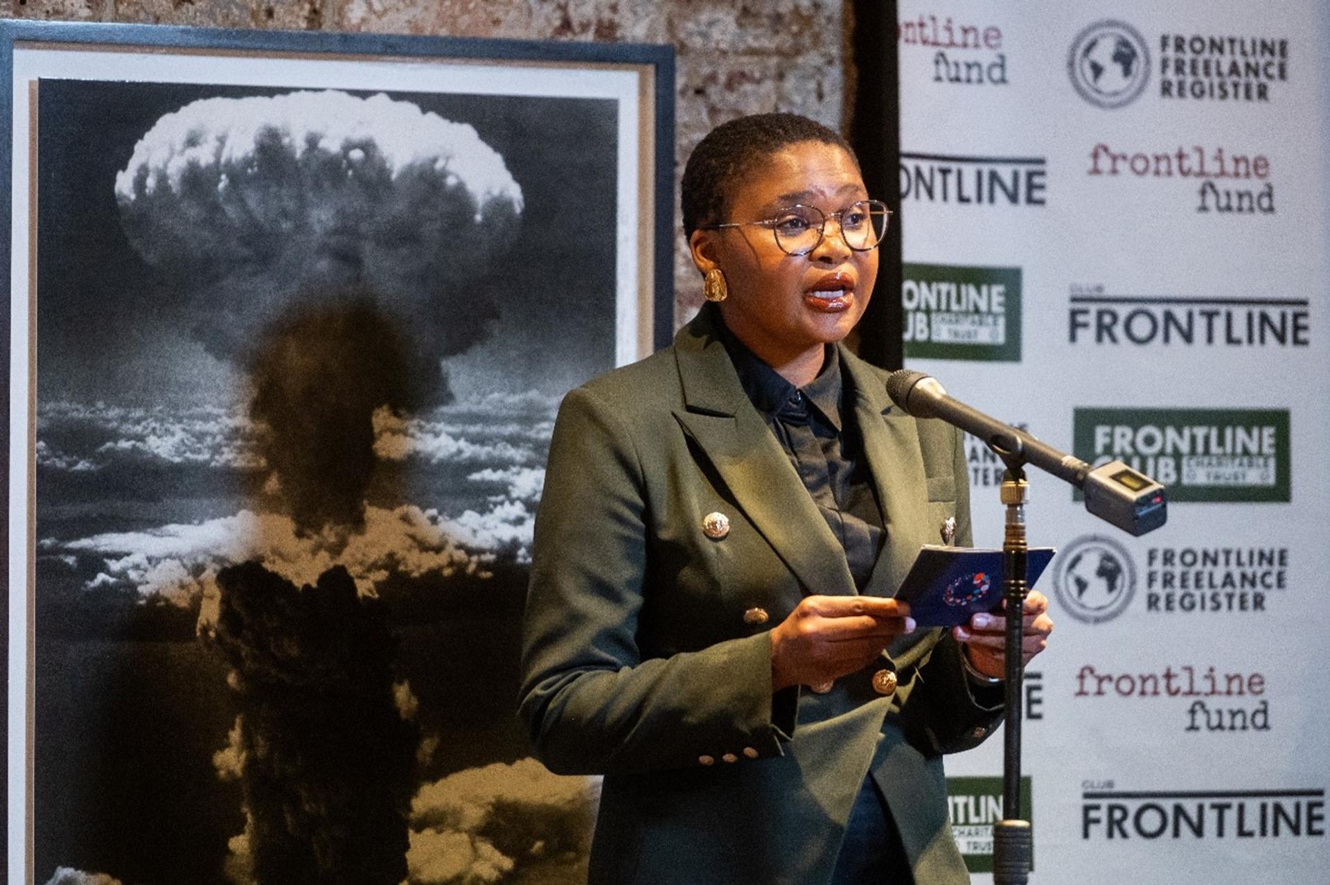 Bongekile Macupe, deputy politics editor at leading South African digital news outlet News24, delivers a speech at the Frontline Club in London.
