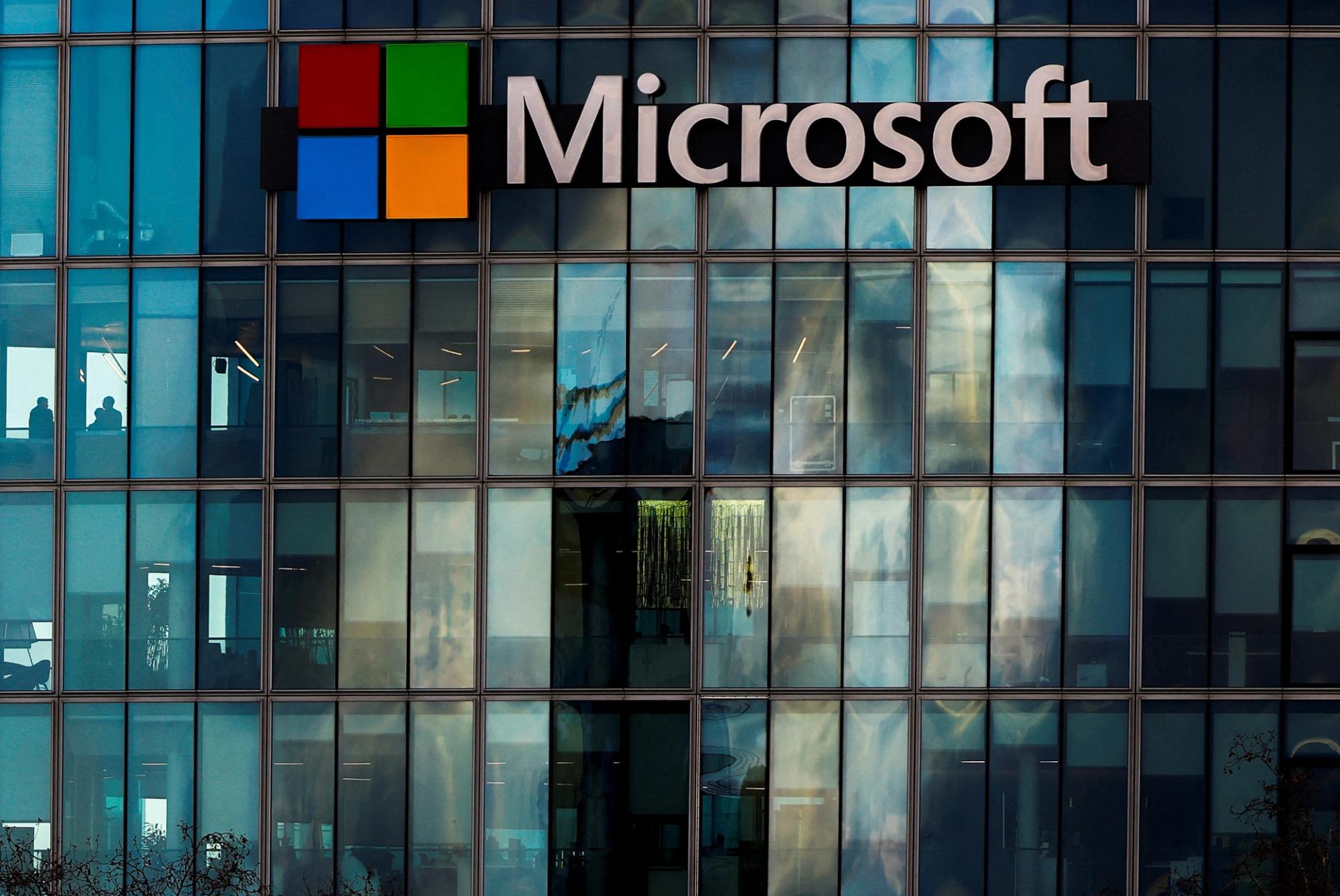 A view shows a Microsoft logo at Microsoft offices in Issy-les-Moulineaux near Paris.