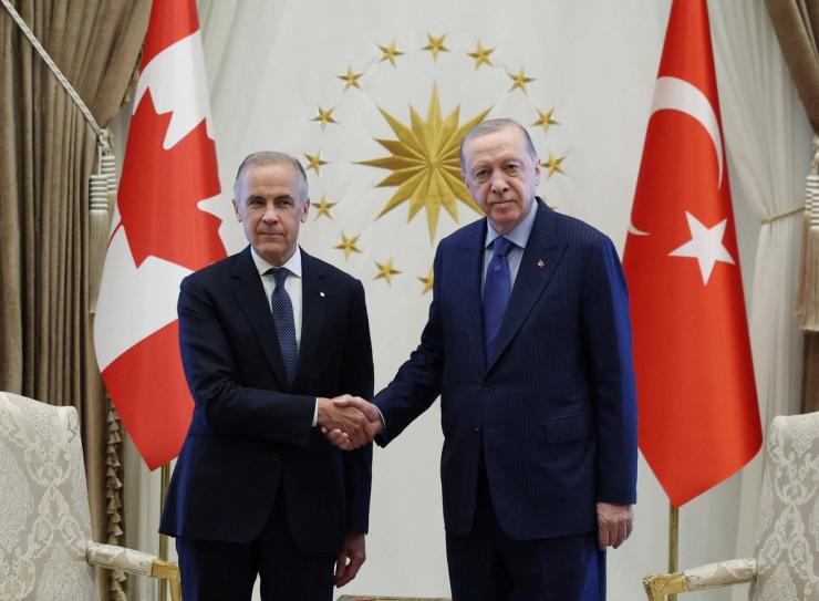 Turkish President Tayyip Erdoğan meets with Canadian Prime Minister Mark Carney.