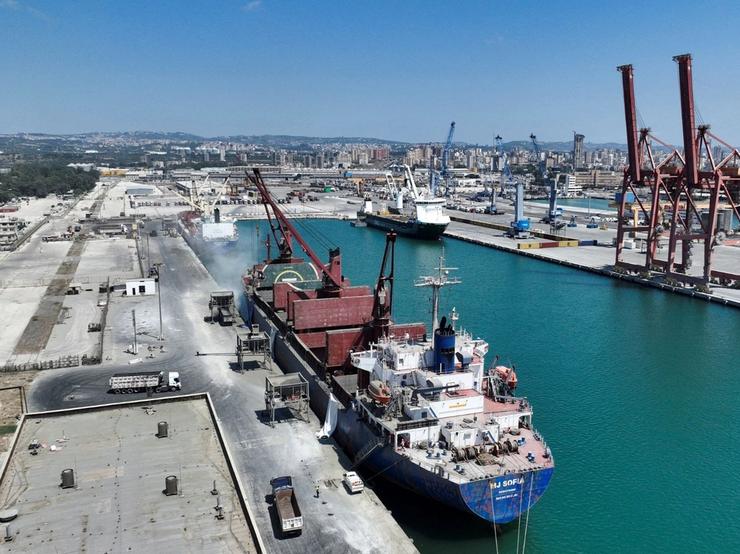A drone view shows a vessel at Berth NO. 4 at the port of Tartus in Tartous.