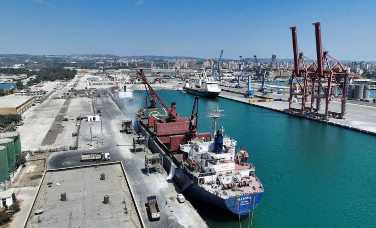 A drone view shows a vessel at Berth NO. 4 at the port of Tartus in Tartous.