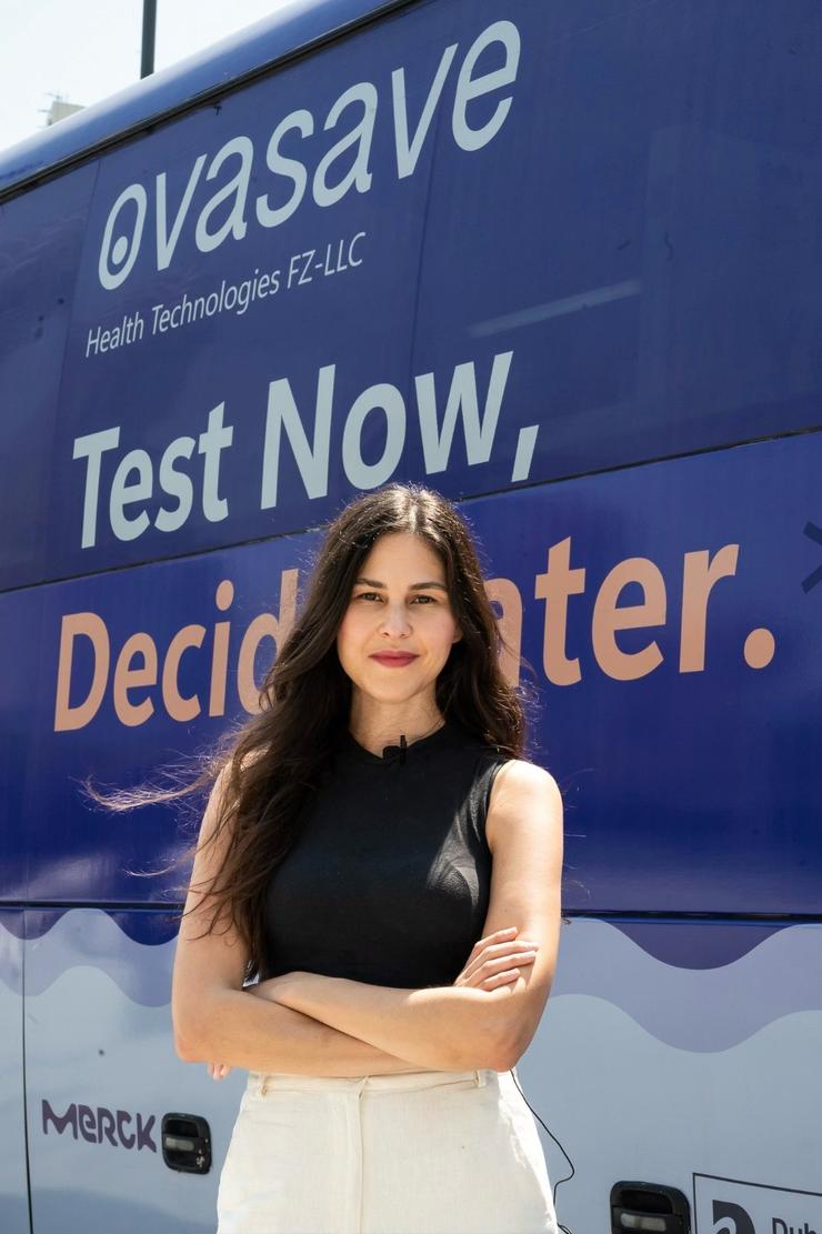 Torkia Mahloul, co-founder and CEO at Abu Dhabi’s Ovasave, stands in front of her company’s “fertility bus.”