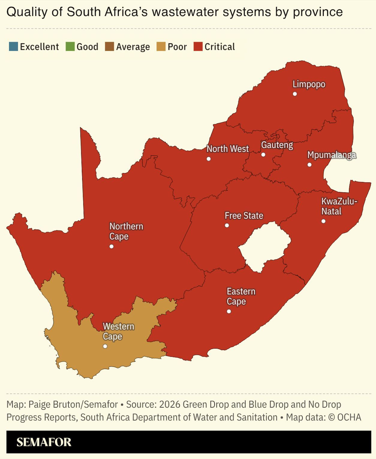 A chart showing the quality of South Africa’s wastewater systems by province.