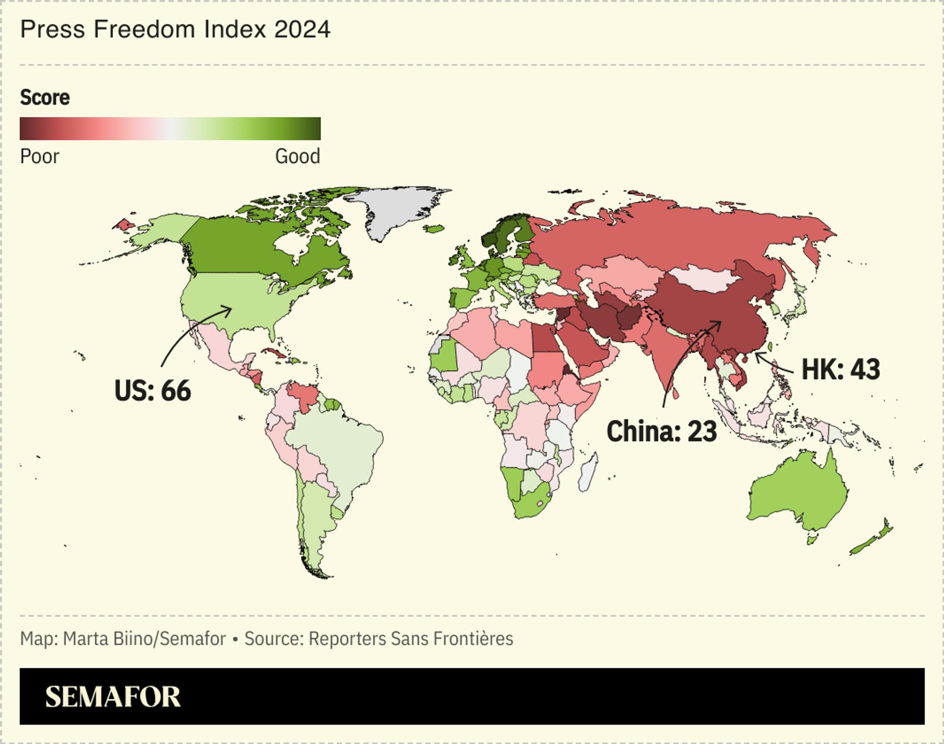 A cloropleth map showing the press freedom index in different countries, including the US and Hong Kong