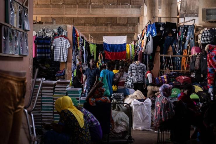 Russian flags are displayed at the main market in Ouagadougou, Burkina Faso.
