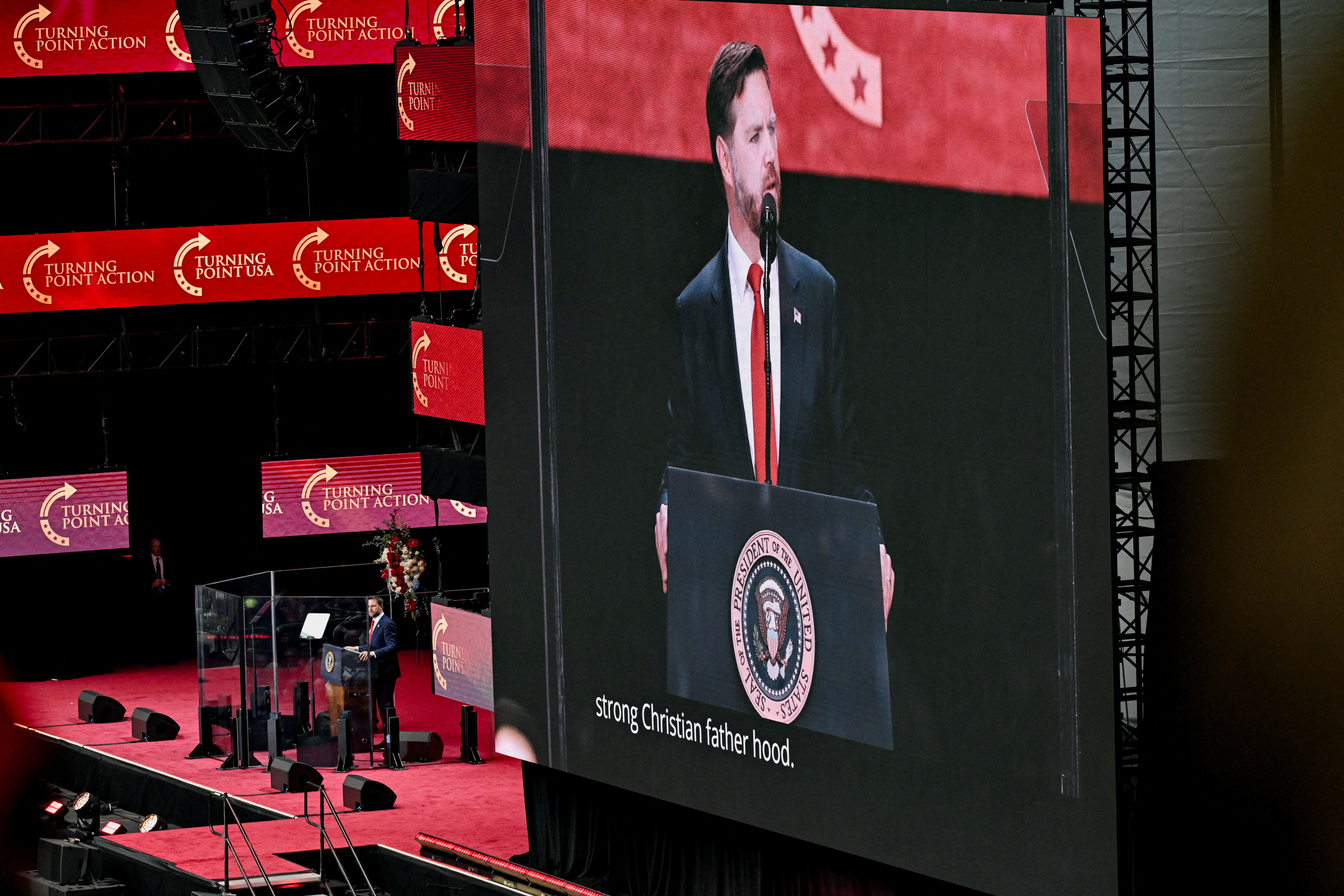 Vice President JD Vance speaks during a memorial service for slain conservative commentator Charlie Kirk